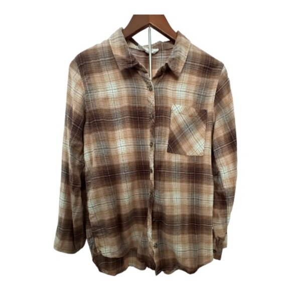 Pink Rose Tops - Pink Rose brown plaid flannel shirt